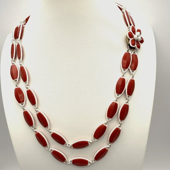 Vintage Western Germany Red and White Flower Clasp Double Strand Necklace - Picture 1 of 9